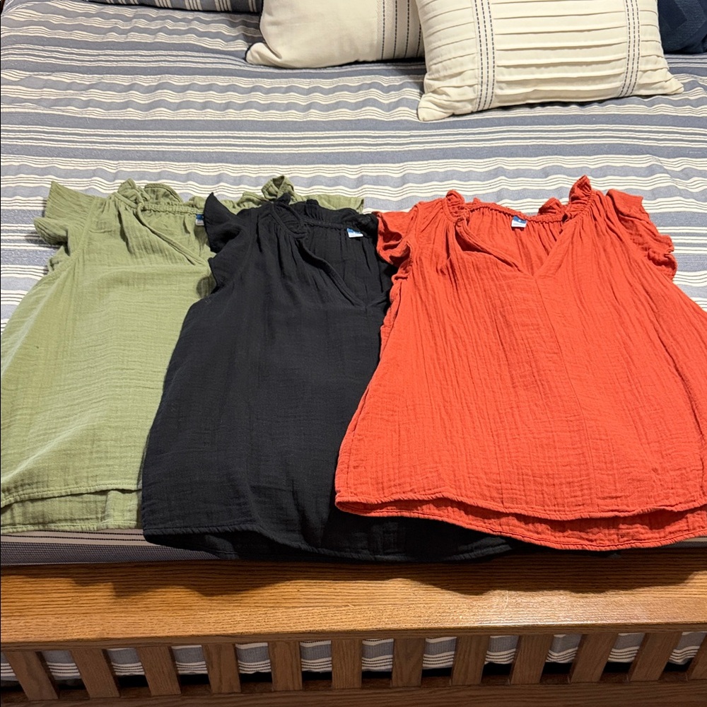 Set of Three Old Navy Ruffle Sleeve Tops - Green, Black, and Orange